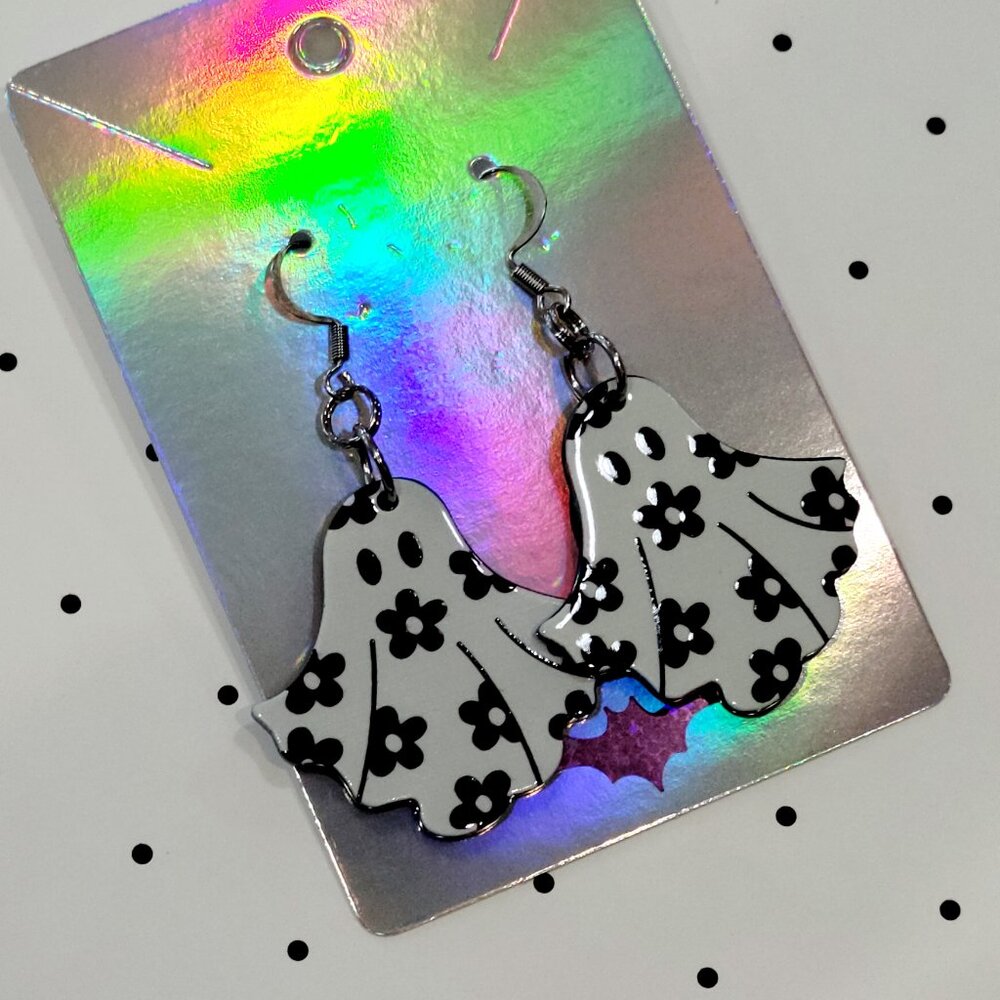 Black and White Retro Flower Ghost Earrings Stainless Steel Hooks Summerween - Picture 7 of 7